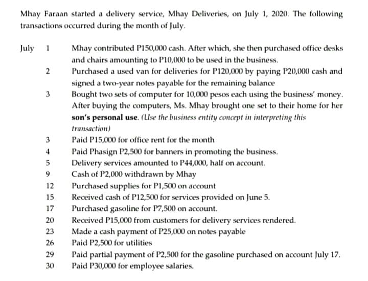 Mhay Faraan started a delivery service, Mhay Deliveries, on July 1, 2020. The following
transactions occurred during the month of July.
July 1
Mhay contributed P150,000 cash. After which, she then purchased office desks
and chairs amounting to P10,000 to be used in the business.
Purchased a used van for deliveries for P120,000 by paying P20,000 cash and
signed a two-year notes payable for the remaining balance
Bought two sets of computer for 10,000 pesos each using the business' money.
After buying the computers, Ms. Mhay brought one set to their home for her
son's personal use. (Use the business entity concept in interpreting this
2
3
transaction)
3
Paid P15,000 for office rent for the month
4
Paid Phasign P2,500 for banners in promoting the business.
Delivery services amounted to P44,000, half on account.
Cash of P2,000 withdrawn by Mhay
9
12
Purchased supplies for P1,500 on account
Received cash of P12,500 for services provided on June 5.
Purchased gasoline for P7,500 on account.
Received P15,000 from customers for delivery services rendered.
Made a cash payment of P25,000 on notes payable
15
17
20
23
26
Paid P2,500 for utilities
29
Paid partial payment of P2,500 for the gasoline purchased on account July 17.
Paid P30,000 for employee salaries.
30
