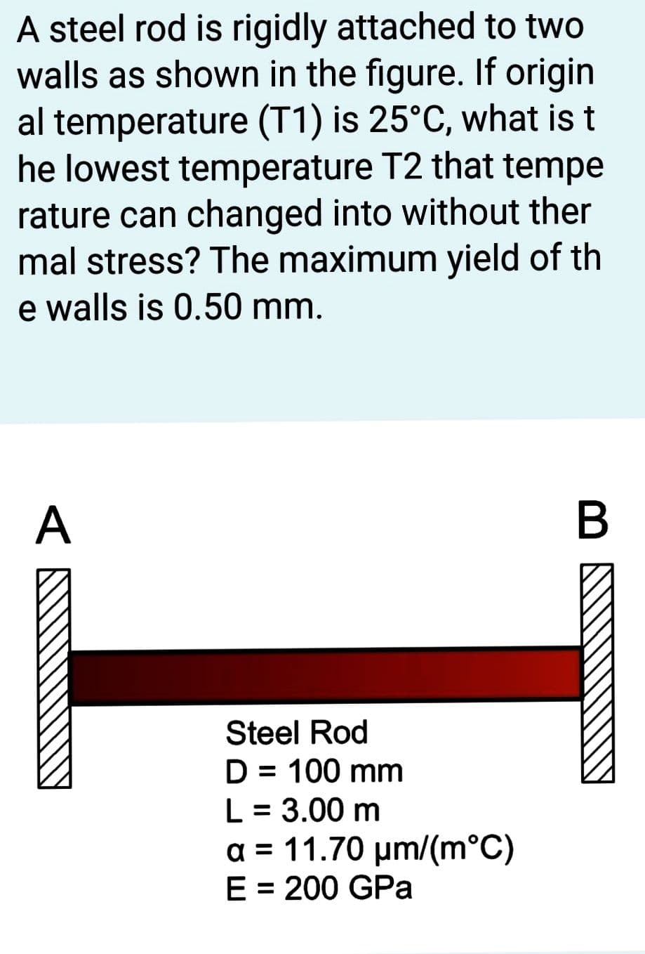 A steel rod is rigidly attached to two
walls as shown in the figure. If origin
al temperature (T1) is 25°C, what is t
he lowest temperature T2 that tempe
rature can changed into without ther
mal stress? The maximum yield of th
e walls is 0.50 mm.
A
Steel Rod
D = 100 mm
L = 3.00 m
a = 11.70 μm/(m°C)
E = 200 GPa
B