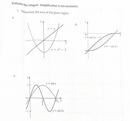 Evaluate the integral. Simplification is not necessary.
1. Determine the area of the given region.
a
X
हाल
y=x²-2
y = sin x
y=sin 2x
0
y sin 2x-1.
cos 2x