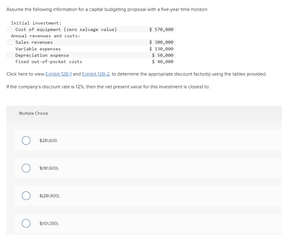 Assume the following information for a capital budgeting proposal with a five-year time horizon:
Initial investment:
Cost of equipment (zero salvage value)
$ 570,000
Annual revenues and costs:
Sales revenues
$ 300,000
Variable expenses
$ 130,000
$ 50,000
Depreciation expense
Fixed out-of-pocket costs
$ 40,000
Click here to view Exhibit 12B-1 and Exhibit 12B-2, to determine the appropriate discount factor(s) using the tables provided.
If the company's discount rate is 12%, then the net present value for this investment is closest to:
Multiple Choice
$281,600.
$(181,600).
$(281,600).
$(101,350).