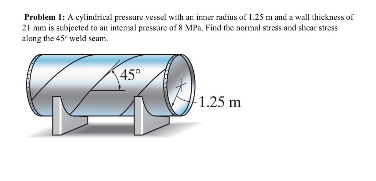 Problem 1: A cylindrical pressure vessel with an inner radius of 1.25 m and a wall thickness of
21 mm is subjected to an internal pressure of 8 MPa. Find the normal stress and shear stress
along the 45° weld seam.
45°
-1.25 m