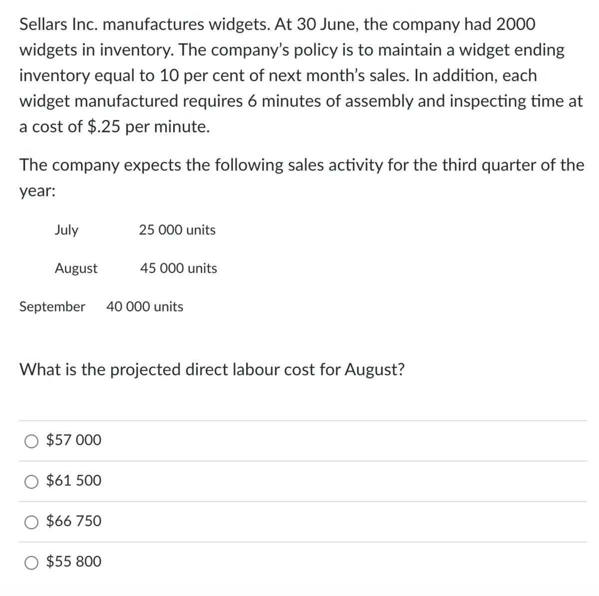 Sellars Inc. manufactures widgets. At 30 June, the company had 2000
widgets in inventory. The company's policy is to maintain a widget ending
inventory equal to 10 per cent of next month's sales. In addition, each
widget manufactured requires 6 minutes of assembly and inspecting time at
a cost of $.25 per minute.
The company expects the following sales activity for the third quarter of the
year:
July
25 000 units
August
45 000 units
September
40 000 units
What is the projected direct labour cost for August?
O $57 000
O $61 500
$66 750
O $55 800
