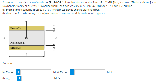 A composite beam is made of two brass [E = 96 GPa] plates bonded to an aluminum [E = 62 GPa] bar, as shown. The beamis subjected
to a bending moment of 2260 N-m acting about the z axis. Assume b=53 mm, d;=48 mm, dz=14 mm. Determine:
(a) the maximum bending stresses oy. Ga in the brass plates and the aluminum bar.
(b) the stress in the brass oj at the joints where the two materials are bonded together.
Brass (2)
dz
d
Aluminum (1)
Brass (2)
Answers:
(a) opr =
MPa, oa =
MPa.
(b) σ-
MPa.
