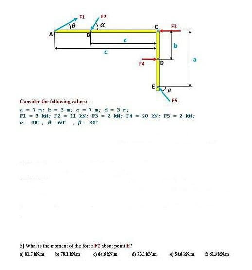 F1
F2
a
C
F3
F4
E
Consider the following values: -
F5
a = 1 m; b = 3 m; c = 7 m; d = 3 m;
FI = 3 kN; F2 = 11 kN; F3 = 2 kN; F4 = 20 kN; F5 = 2 kN;
a = 30°, e = 60°
B= 30°
5] What is the moment of the force F2 about point E?
a) 81.7 IN.m
b) 78.1 KN.m
c) 64.6 KN.m
d) 73.1 KN.m
e) 54.6 kN.m
f) 61.3 KN.m
