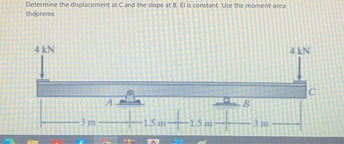 Determine the displacement at C and the slope at B. El is constant. Use the moment-area
theorems
4 kN
-3 m
-1.5 m--1.5 m-
B
3 m
4 kN