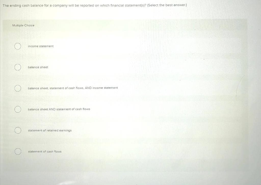 The ending cash balance for a company will be reported on which financial statement(s)? (Select the best answer.)
Multiple Choice
income statement
balance sheet
balance sheet, statement of cash flows, AND income statement
balance sheet AND statement of cash flows
statement of retained earnings
statement of.cash flows
O O O
