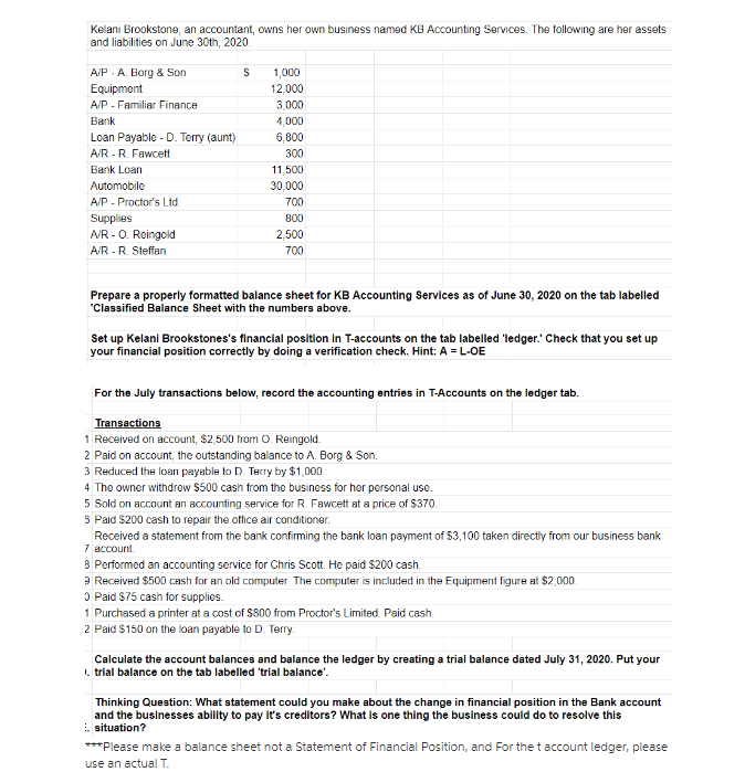 Kelani Brookstone, an accountant, owns her own business named KB Accounting Services. The following are her assets
and liabilities on June 30th, 2020.
A/P-A. Borg & Son
S
1,000
Equipment
12,000
A/P - Familiar Finance
3,000
Bank
4,000
Loan Payable - D. Terry (aunt)
6,800
A/R - R. Fawcett
300
Bank Loan
11,500
Automobile
30,000
A/P - Proctor's Ltd.
700
Supplies
800
A/R-O. Reingold
2,500
A/R - R. Steffan
700
Prepare a properly formatted balance sheet for KB Accounting Services as of June 30, 2020 on the tab labelled
"Classified Balance Sheet with the numbers above.
Set up Kelani Brookstones's financial position in T-accounts on the tab labelled 'ledger. Check that you set up
your financial position correctly by doing a verification check. Hint: A = L-OE
For the July transactions below, record the accounting entries in T-Accounts on the ledger tab.
Transactions
1 Received on account, $2,500 from O. Reingold.
2 Paid on account, the outstanding balance to A. Borg & Son.
3 Reduced the loan payable to D. Terry by $1,000.
4 The owner withdrew $500 cash from the business for her personal use.
5 Sold on account an accounting service for R. Fawcett at a price of $370.
8 Paid $200 cash to repair the office air conditioner.
Received a statement from the bank confirming the bank loan payment of $3,100 taken directly from our business bank
7 account.
8 Performed an accounting service for Chris Scott. He paid $200 cash.
9 Received $500 cash for an old computer. The computer is included in the Equipment figure at $2,000.
Paid $75 cash for supplies.
1 Purchased a printer at a cost of $800 from Proctor's Limited. Paid cash.
2 Paid $150 on the loan payable to D. Terry.
Calculate the account balances and balance the ledger by creating a trial balance dated July 31, 2020. Put your
1. trial balance on the tab labelled trial balance'.
Thinking Question: What statement could you make about the change in financial position in the Bank account
and the businesses ability to pay it's creditors? What is one thing the business could do to resolve this
situation?
***Please make a balance sheet not a Statement of Financial Position, and For the t account ledger, please
use an actual T.