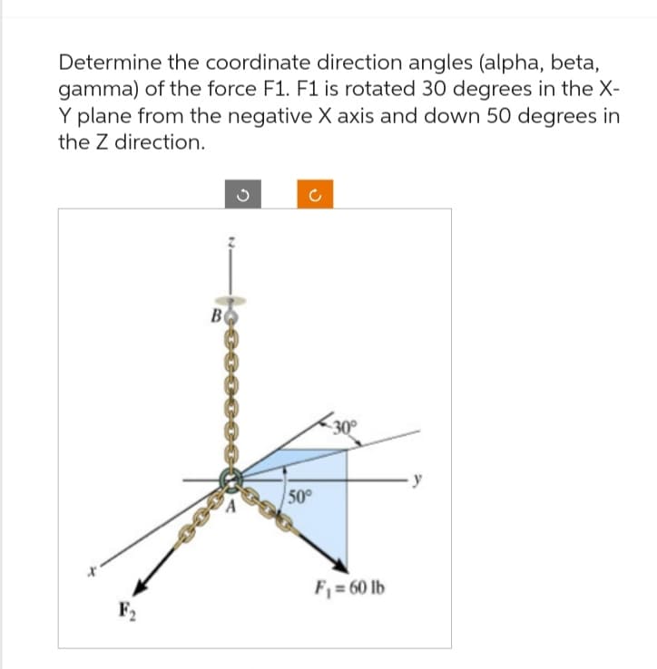 Determine the coordinate direction angles (alpha, beta,
gamma) of the force F1. F1 is rotated 30 degrees in the X-
Y plane from the negative X axis and down 50 degrees in
the Z direction.
B
50°
-30°
F₁ = 60 lb
y