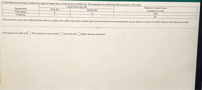 A manufacturing company makes two types of water skis, a trick ski and a slalom ski. The relevant manufacturing data are given in the table
Labor-Hours per Ski
Department
Fabricating
Finishing
If the profit on a trick ski is $50 and the profit on a slalom ski is $30, how many of each type of ski should be manufactured each day to realize a maximum proffe? What is the maximum profit?
Trick Ski
6
Slalom Ski
4
CHEED
Maximum Labor-Hours
Available per Day
228
48
The maximum profit is $ The maximum occurs when trick skis and slalom skis are produced.