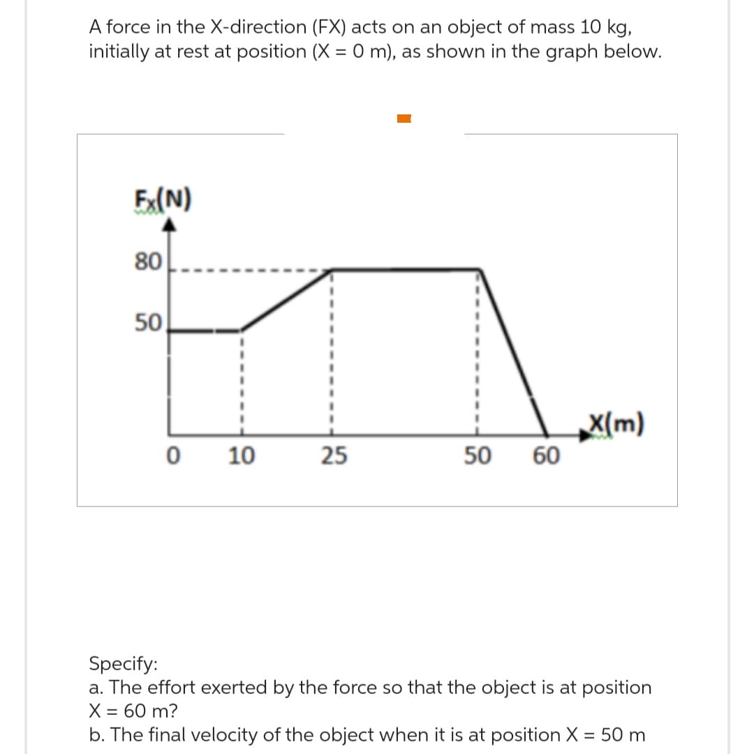 A force in the X-direction (FX) acts on an object of mass 10 kg,
initially at rest at position (X = 0 m), as shown in the graph below.
Fx(N)
80
50
0
10
25
50 60
X(m)
Specify:
a. The effort exerted by the force so that the object is at position
X = 60 m?
b. The final velocity of the object when it is at position X = 50 m