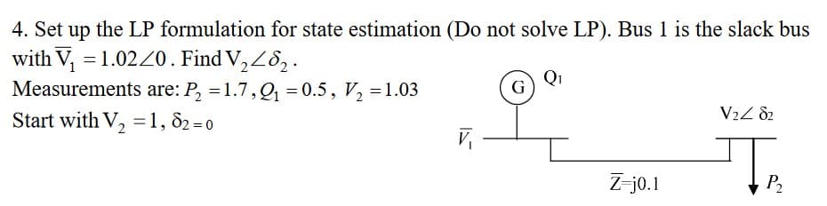 4. Set up the LP formulation for state estimation (Do not solve LP). Bus 1 is the slack bus
with V₁ =1.02/0. Find V₂28₂.
2
Measurements are: P₂ = 1.7, Q₁ = 0.5, V₂ = 1.03
Start with V₂ = 1, 82=0
G
Q₁
Z-j0.1
V₂Z 82
T₁₂
P₂