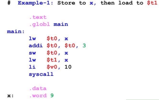 Example-1: Store to x, then load to $t1
. text
globl main
main:
$t0, x
addi $t0, $t0, 3
lw
$t0, x
$t1, x
Sw
lw
li
$v0, 10
syscall
. data
x:
word 9
