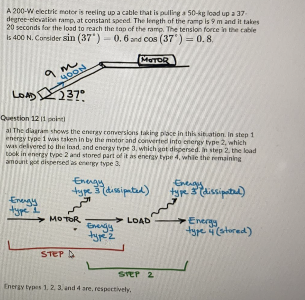 A 200-W electric motor is reeling up a cable that is pulling a 50-kg load up a 37-
degree-elevation ramp, at constant speed. The length of the ramp is 9 m and it takes
20 seconds for the load to reach the top of the ramp. The tension force in the cable
is 400 N. Consider sin (37°) = 0. 6 and cos (37*)= 0. 8.
MOTOR
9 m
400N
LOAD
237°
Question 12 (1 point)
a) The diagram shows the energy conversions taking place in this situation. In step 1
energy type 1 was taken in by the motor and converted into energy type 2, which
was delivered to the load, and energy type 3, which got dispersed. In step 2, the load
took in energy type 2 and stored part of it as energy type 4, while the remaining
amount got dispersed as energy type 3.
Energy
type 3 dissipated)
Energy
tye 3 dissipatd)
Enengy
type I
MOTOR
LOAD
Energy
type Z
Energy
type 4 (stored)
STEP &
STEP 2
Energy types 1, 2, 3, and 4 are, respectively,
