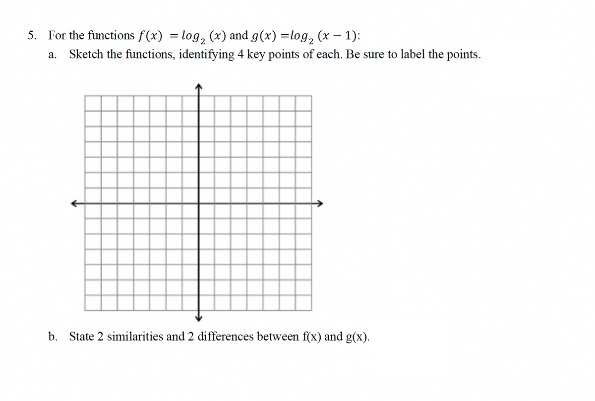 5. For the functions f(x) = log₂ (x) and g(x) = log₂ (x − 1):
a.
Sketch the functions, identifying 4 key points of each. Be sure to label the points.
b. State 2 similarities and 2 differences between f(x) and g(x).