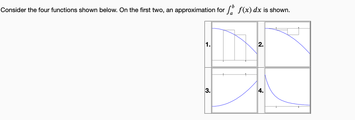 Consider the four functions shown below. On the first two, an approximation for f f(x) dx is shown.
-
3.
№
4.