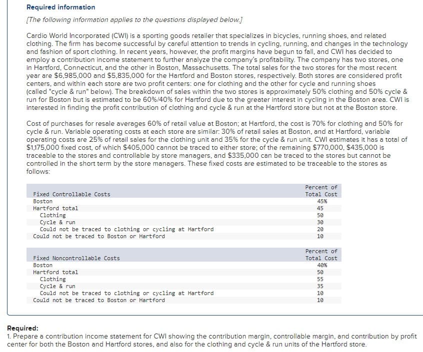 Required information
[The following information applies to the questions displayed below.]
Cardio World Incorporated (CWI) is a sporting goods retailer that specializes in bicycles, running shoes, and related
clothing. The firm has become successful by careful attention to trends in cycling, running, and changes in the technology
and fashion of sport clothing. In recent years, however, the profit margins have begun to fall, and CWI has decided to
employ a contribution income statement to further analyze the company's profitability. The company has two stores, one
in Hartford, Connecticut, and the other in Boston, Massachusetts. The total sales for the two stores for the most recent
year are $6,985,000 and $5,835,000 for the Hartford and Boston stores, respectively. Both stores are considered profit
centers, and within each store are two profit centers: one for clothing and the other for cycle and running shoes
(called "cycle & run" below). The breakdown of sales within the two stores is approximately 50% clothing and 50% cycle &
run for Boston but is estimated to be 60% / 40% for Hartford due to the greater interest in cycling in the Boston area. CWI is
interested in finding the profit contribution of clothing and cycle & run at the Hartford store but not at the Boston store.
Cost of purchases for resale averages 60% of retail value at Boston; at Hartford, the cost is 70% for clothing and 50% for
cycle & run. Variable operating costs at each store are similar: 30% of retail sales at Boston, and at Hartford, variable
operating costs are 25% of retail sales for the clothing unit and 35% for the cycle & run unit. CWI estimates it has a total of
$1,175,000 fixed cost, of which $405,000 cannot be traced to either store; of the remaining $770,000, $435,000 is
traceable to the stores and controllable by store managers, and $335,000 can be traced to the stores but cannot be
controlled in the short term by the store managers. These fixed costs are estimated to be traceable to the stores as
follows:
Fixed Controllable Costs
Boston
Hartford total
Clothing
Cycle & run
Could not be traced to clothing or cycling at Hartford
Could not be traced to Boston or Hartford
Fixed Noncontrollable Costs
Boston
Hartford total
Clothing
Cycle & run
Could not be traced to clothing or cycling at Hartford
Could not be traced to Boston or Hartford
Percent of
Total Cost
45%
45
50
30
20
10
Percent of
Total Cost
40%
50 55 35 18 18
10
10
Required:
1. Prepare a contribution income statement for CWI showing the contribution margin, controllable margin, and contribution by profit
center for both the Boston and Hartford stores, and also for the clothing and cycle & run units of the Hartford store.