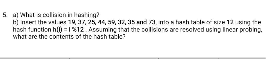 5. a) What is collision in hashing?
b) Insert the values 19, 37, 25, 44, 59, 32, 35 and 73, into a hash table of size 12 using the
hash function h(i) = i %12. Assuming that the collisions are resolved using linear probing,
what are the contents of the hash table?
