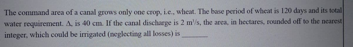 The command area of a canal grows only one crop, i.e., wheat. The base period of wheat is 120 days and its total
water requirement. A, is 40 cm. If the canal discharge is 2 m³/s, the area, in hectares, rounded off to the nearest
integer, which could be irrigated (neglecting all losses) is