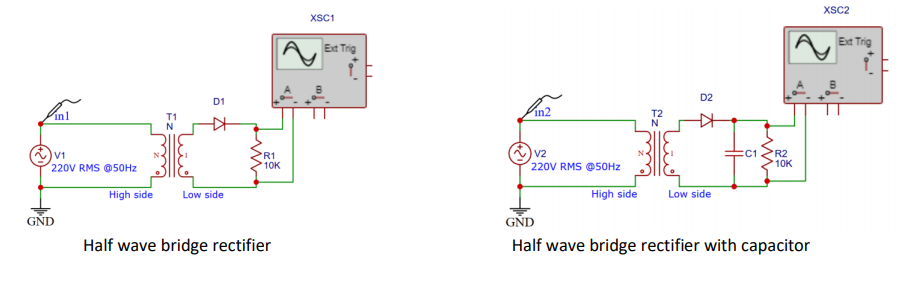 XSc2
XSC1
Ext Trig
Ext Trig
D2
D1
in1
T1
N
in2
T2
N
V2
:C1
R1
10K
R2
10K
220V RMS @50HZ
220V RMS @50HZ
High side
High side
Low side
Low side
GND
GND
Half wave bridge rectifier
Half wave bridge rectifier with capacitor
