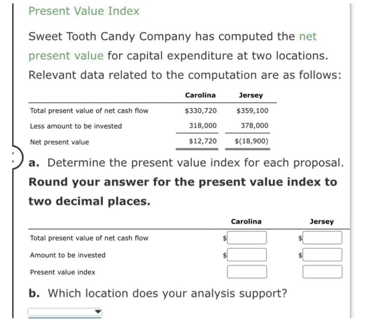 Present Value Index
Sweet Tooth Candy Company has computed the net
present value for capital expenditure at two locations.
Relevant data related to the computation are as follows:
Carolina
Jersey
Total present value of net cash flow
$330,720
$359,100
Less amount to be invested
318,000
378,000
Net present value
$12,720
$(18,900)
a. Determine the present value index for each proposal.
Round your answer for the present value index to
two decimal places.
Carolina
Jersey
Total present value of net cash flow
Amount to be invested
Present value index
b. Which location does your analysis support?
