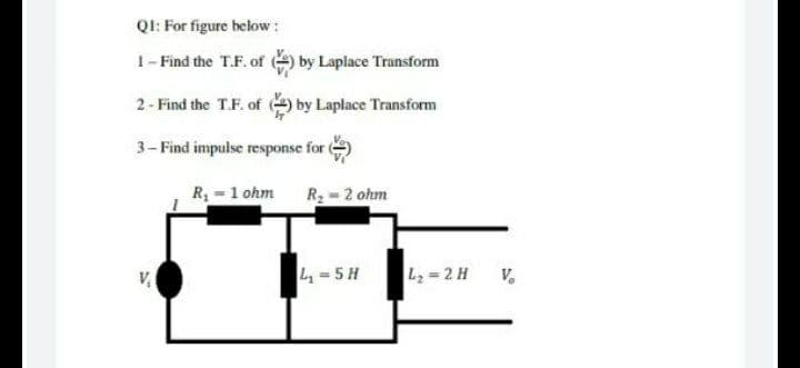 QI: For figure below:
1- Find the T.F. of e by Laplace Transform
2-Find the T.F. of by Laplace Transform
3- Find impulse response for (
R 1 ohm R = 2 ohm
V.
4=5 H
L2=2 H
V.
