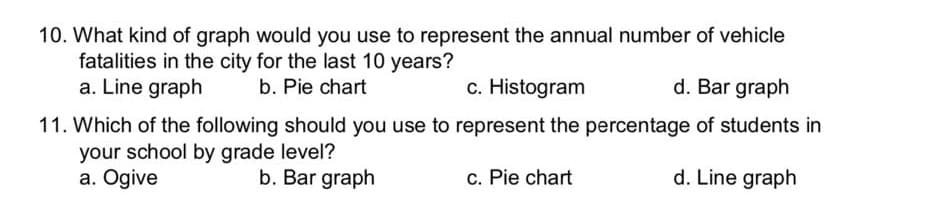 10. What kind of graph would you use to represent the annual number of vehicle
fatalities in the city for the last 10 years?
b. Pie chart
a. Line graph
c. Histogram
d. Bar graph
11. Which of the following should you use to represent the percentage of students in
your school by grade level?
a. Ogive
b. Bar graph
c. Pie chart
d. Line graph