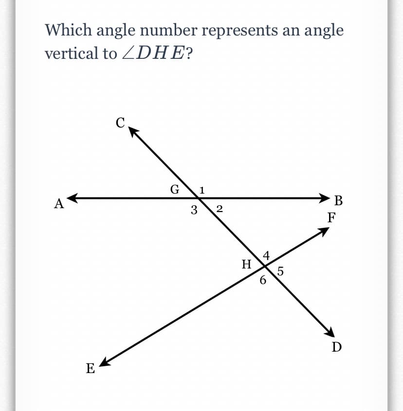 Which angle number represents an angle
vertical to ZDHE?
C
G
1
А
В
3
2
F
H
D
E
4-
