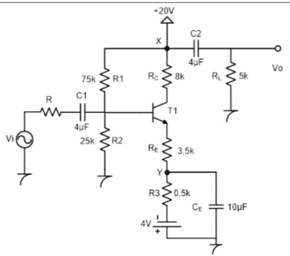 +20V
C2
4uF
Vo
75k
R1
Rc
8k
RL
5k
C1
R
4uF
Vi
25k
R2
RE
3,5k
R320,5k
CE
10µF
