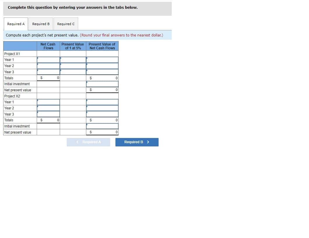 Complete this question by entering your answers in the tabs below.
Required A
Required B
Required C
Compute each project's net present value. (Round your final answers to the nearest dollar.)
Present Value
of 1 at 5%
Present Value of
Net Cash Flows
Net Cash
Flows
Project X1
Year 1
Year 2
Year 3
Totals
Initial investment
Net present value
Project X2
Year 1
Year 2
Year 3
Totals
Initial investment
Net present value
< Required A
Required B >
