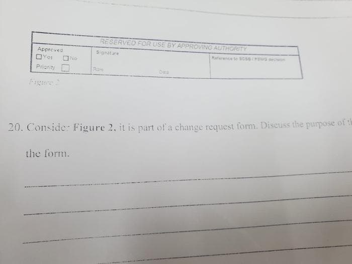 Approved
Yos
Priority
No
RESERVED FOR USE BY APPROVING AUTHORITY
Reference to S0SS/PEWG sion
the form.
Signature
20. Conside: Figure 2, it is part of a change request form. Discuss the purpose of th