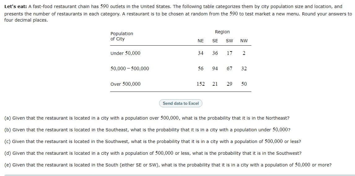 Let's eat: A fast-food restaurant chain has 590 outlets in the United States. The following table categorizes them by city population size and location, and
presents the number of restaurants in each category. A restaurant is to be chosen at random from the 590 to test market a new menu. Round your answers to
four decimal places.
Region
Population
of City
NE
SE
SW
NW
Under 50,000
34
36
17
50,000 – 500,000
56
94
67
32
Over 500,000
152
21
29
50
Send data to Excel
(a) Given that the restaurant is located in a city with a population over 500,000, what is the probability that it is in the Northeast?
(b) Given that the restaurant is located in the Southeast, what is the probability that it is in a city with a population under 50,000?
(c) Given that the restaurant is located in the Southwest, what is the probability that it is in a city with a population of 500,000 or less?
(d) Given that the restaurant is located in a city with a population of 500,000 or less, what is the probability that it is in the Southwest?
(e) Given that the restaurant is located in the South (either SE or SW), what is the probability that it is in a city with a population of 50,000 or more?
2.
