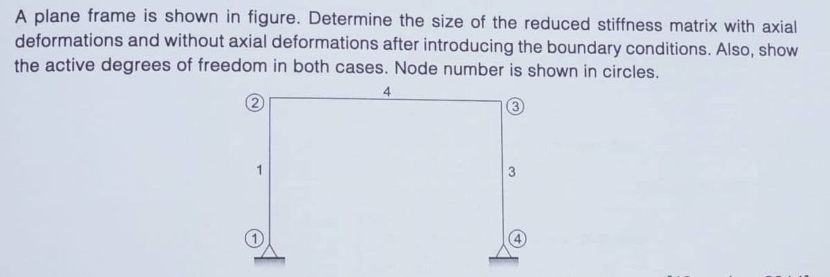 A plane frame is shown in figure. Determine the size of the reduced stiffness matrix with axial
deformations and without axial deformations after introducing the boundary conditions. Also, show
the active degrees of freedom in both cases. Node number is shown in circles.
4
1
3
