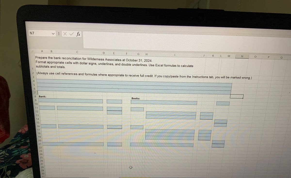 N7
4
5
6
7
8
Bank:
9
10
11
12
13
14
15
A
16
17
Prepare the bank reconciliation for Wilderness Associates at October 31, 2024.
Format appropriate cells with dollar signs, underlines, and double underlines. Use Excel formulas to calculate
subtotals and totals.
18
19
20
21
22
B
1
2 (Always use cell references and formulas where appropriate to receive full credit. If you copy/paste from the Instructions tab, you will be marked wrong.)
3
23
24
XV
X✓ fx
25
26
27
28
29
30
21
с
D
E
F
G
H
Books:
+
I
J
K
L M
N
O
P
Q