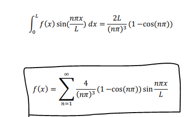 2L
(1-сos(nn))
ппх
f(x) sin
dx =
(пп)з (1-сos(nп))
Σ
4
f(x) =
-(1 -cos(пп)) sin
(пл)3
L
n=1
8
