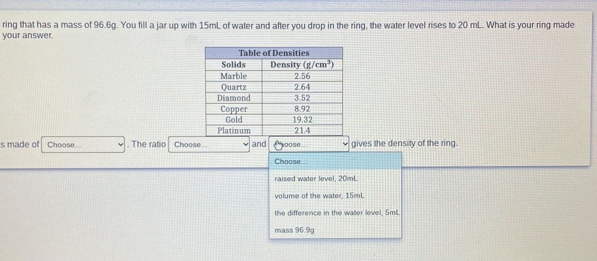 ring that has a mass of 96.6g. You fill a jar up with 15mL of water and after you drop in the ring, the water level rises to 20 mL. What is your ring made
your answer.
Table of Densities
Density (g/cm3)
2.56
Solids
Marble
2.64
Quartz
Diamond
Сopper
Gold
3.52
8.92
19.32
Platinum
21.4
s made of Choose...
The ratio Choose...
v and oose.
v gives the density of the ring.
Choose..
raised water level, 20mL
volume of the water, 15mL
the difference in the water level, 5mL
mass 96.9g
