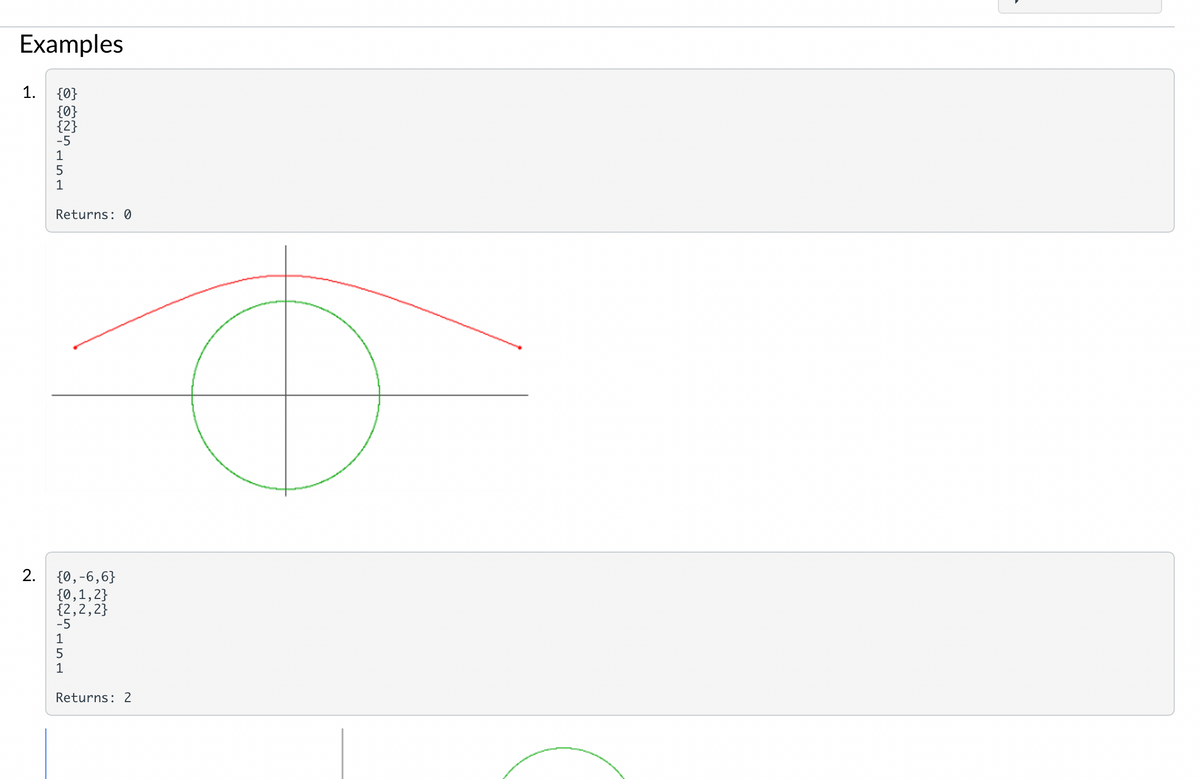 Examples
1.
2.
{0}
{0}
{2}
-5
1
Returns: 0
{0, -6,6}
{0,1,2}
{2,2,2}
-5
1
TST
1
Returns: 2
o