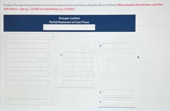 Prepare the operating activities section of a statement of cash flows using the direct method. (Show amounts that decrease cash flow
with either a-sign e.g.-15,000 or in parenthesis e.g. (15,000).)
Grouper Limited
Partial Statement of Cash Flows
UF
10