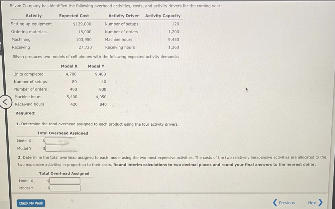 Silven Company has identified the following overhead activities, costs, and activity drivers for the coming year:
Activity
Expected Cost
Activity Driver
Setting up equipment
Number of setups
$129,000
18,000
Ordering materials
Number of orders
Machining
103,950
Machine hours
Receiving
27,720
Receiving hours
Silven produces two models of cell phones with the following expected activity demands:
Model X Model Y
4,700
9,400
80
40
400
800
4,050
840
Units completed
Number of setups
Number of orders
Machine hours
Receiving hours
Required:
Model X
Model Y
1. Determine the total overhead assigned to each product using the four activity drivers.
Total Overhead Assigned
5,400
420
Model X
Model Y
Activity Capacity
120
1,200
9,450
1,260
2. Determine the total overhead assigned to each model using the two most expensive activities. The costs of the two relatively inexpensive activities are allocated to the
two expensive activities in proportion to their costs. Round interim calculations to two decimal places and round your final answers to the nearest dollar.
Total Overhead Assigned
Check My Work
Previous
Next >