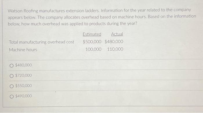 Watson Roofing manufactures extension ladders. Information for the year related to the company
appears below. The company allocates overhead based on machine hours. Based on the information
below, how much overhead was applied to products during the year?
Total manufacturing overhead cost
Machine hours
$480,000
$720,000
$550,000
$490,000
Estimated
Actual
$500,000 $480,000
100,000 110,000