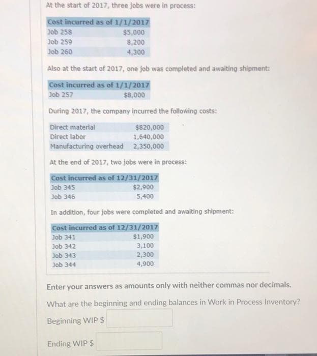 At the start of 2017, three jobs were in process:
Cost incurred as of 1/1/2017
Job 258
$5,000
Job 259
8,200
Job 260
4,300
Also at the start of 2017, one job was completed and awaiting shipment:
Cost incurred as of 1/1/2017
Job 257
$8,000
During 2017, the company incurred the following costs:
Direct material
$820,000
Direct labor
1,640,000
Manufacturing overhead 2,350,000
At the end of 2017, two jobs were in process:
Cost incurred as of 12/31/2017
Job 345
Job 346
$2,900
5,400
In addition, four jobs were completed and awaiting shipment:
Cost incurred as of 12/31/2017
Job 341
Job 342
Job 343
Job 344
$1,900
3,100
2,300
4,900
Enter your answers as amounts only with neither commas nor decimals.
What are the beginning and ending balances in Work in Process Inventory?
Beginning WIP $
Ending WIP $