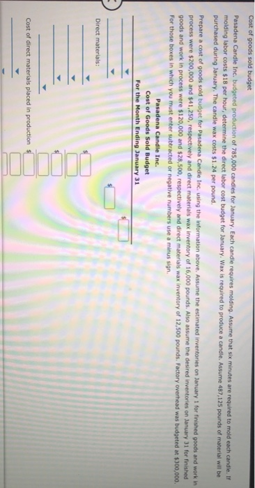 Cost of goods sold budget
Pasadena Candle Inc. budgeted production of 785,000 candles for January. Each candle requires molding. Assume that six minutes are required to mold each candle. If
molding labor costs $18 per hour, determine the direct labor cost budget for January. Wax is required to produce a candle. Assume 487,125 pounds of material will be
purchased during January. The candle wax costs $1.24 per pound.
Prepare a cost of goods sold budget for Pasadena Candle Inc. using the information above. Assume the estimated inventories on January 1 for finished goods and work in
process were $200,000 and $41,250, respectively and direct materials wax inventory of 16,000 pounds. Also assume the desired inventories on January 31 for finished
goods and work in process were $120,000 and $28,500, respectively and direct materials wax inventory of 12,500 pounds. Factory overhead was budgeted at $300,000.
For those boxes in which you must enter subtracted or negative numbers use a minus sign.
Direct materials:
Pasadena Candle Inc.
Cost of Goods Sold Budget
For the Month Ending January 31
Cost of direct materials placed in production