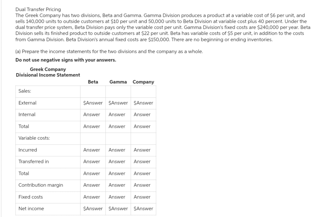 Dual Transfer Pricing
The Greek Company has two divisions, Beta and Gamma. Gamma Division produces a product at a variable cost of $6 per unit, and
sells 140,000 units to outside customers at $10 per unit and 50,000 units to Beta Division at variable cost plus 40 percent. Under the
dual transfer price system, Beta Division pays only the variable cost per unit. Gamma Division's fixed costs are $240,000 per year. Beta
Division sells its finished product to outside customers at $22 per unit. Beta has variable costs of $5 per unit, in addition to the costs
from Gamma Division. Beta Division's annual fixed costs are $150,000. There are no beginning or ending inventories.
(a) Prepare the income statements for the two divisions and the company as a whole.
Do not use negative signs with your answers.
Greek Company
Divisional Income Statement
Sales:
External
Internal
Total
Variable costs:
Incurred
Transferred in
Total
Contribution margin
Fixed costs
Net income
Beta
Gamma Company
$Answer $Answer $Answer
Answer Answer Answer
Answer Answer Answer
Answer Answer Answer
Answer Answer Answer
Answer Answer Answer
Answer Answer Answer
Answer Answer Answer
$Answer $Answer $Answer