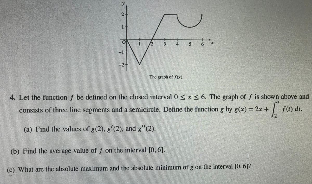 2-
4
6.
-2-
The graph of f(x).
4. Let the function f be defined on the closed interval 0 < x < 6. The graph of f is shown above and
consists of three line segments and a semicircle. Define the function g by g(x) = 2x +
| f() dt.
(a) Find the values of g(2),s (2) and g2).
(b) Find the average value of fon the interval 061.
(c) What are the absolute maximum and the absolute minimum of g on the interval [0, 6]?
寸
