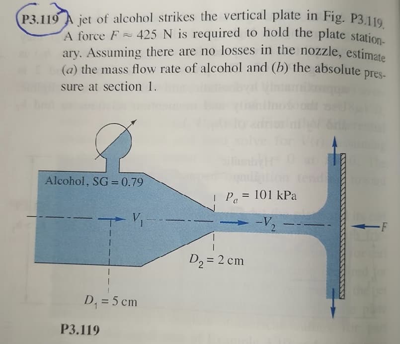 ary. Assuming there are no losses in the nozzle, estimate
jet of alcohol strikes the vertical plate in Fig. P3.119.
A force F 425 N is required to hold the plate station-
Р3.119
ary. Assuming there are no losses in the nozzle, estimate
(a) the mass flow rate of alcohol and (b) the absolute pres.
sure at section 1.
Alcohol, SG =0.79
tion tend
Pa = 101 kPa
-F
D2 = 2 cm
%3D
D, = 5 cm
%3D
Р3.119
