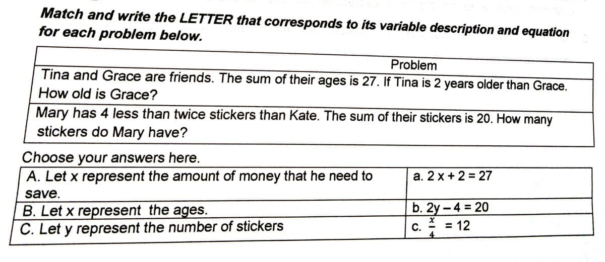 Match and write the LETTER that corresponds to its variable description and equation
for each problem below.
Problem
Tina and Grace are friends. The sum of their ages is 27. If Tina is 2 years older than Grace.
How old is Grace?
Mary has 4 less than twice stickers than Kate. The sum of their stickers is 20. How many
stickers do Mary have?
Choose your answers here.
a. 2 x + 2 = 27
A. Let x represent the amount of money that he need to
b. 2y - 4 = 20
= 12
save.
B. Let x represent the ages.
C. Let y represent the number of stickers
C.
4
