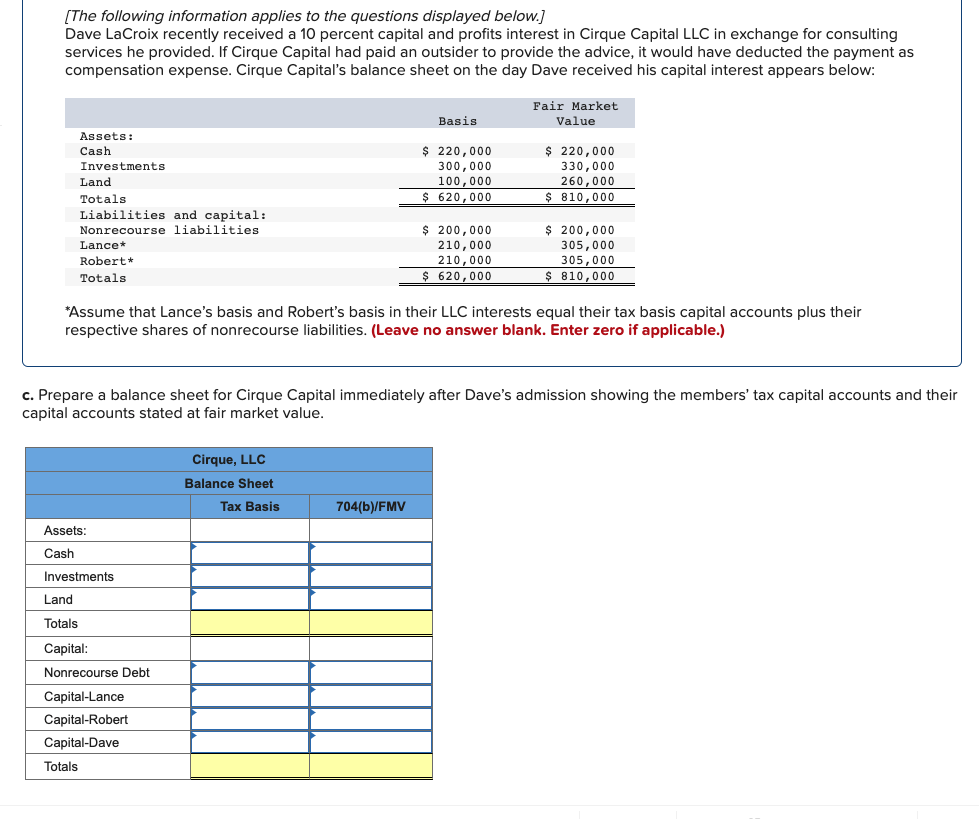 [The following information applies to the questions displayed below.]
Dave LaCroix recently received a 10 percent capital and profits interest in Cirque Capital LLC in exchange for consulting
services he provided. If Cirque Capital had paid an outsider to provide the advice, it would have deducted the payment as
compensation expense. Cirque Capital's balance sheet on the day Dave received his capital interest appears below:
Fair Market
Value
Basis
Assets:
Cash
Investments
$ 220,000
300,000
100,000
$ 220,000
330,000
260,000
Land
Barca
Totals
$ 620,000
$ 810,000
Liabilities and capital:
DLAD
Nonrecourse liabilities
$ 200,000
$ 200,000
Lance*
210,000
210,000
305,000
305,000
Robert*
Totals
$ 620,000
$ 810,000
*Assume that Lance's basis and Robert's basis in their LLC interests equal their tax basis capital accounts plus their
respective shares of nonrecourse liabilities. (Leave no answer blank. Enter zero if applicable.)
c. Prepare a balance sheet for Cirque Capital immediately after Dave's admission showing the members' tax capital accounts and their
capital accounts stated at fair market value.
Cirque, LLC
Balance Sheet
Tax Basis
704(b)/FMV
Assets:
Cash
Investments
Land
Totals
Capital:
Nonrecourse Debt
Capital-Lance
Capital-Robert
Capital-Dave
Totals