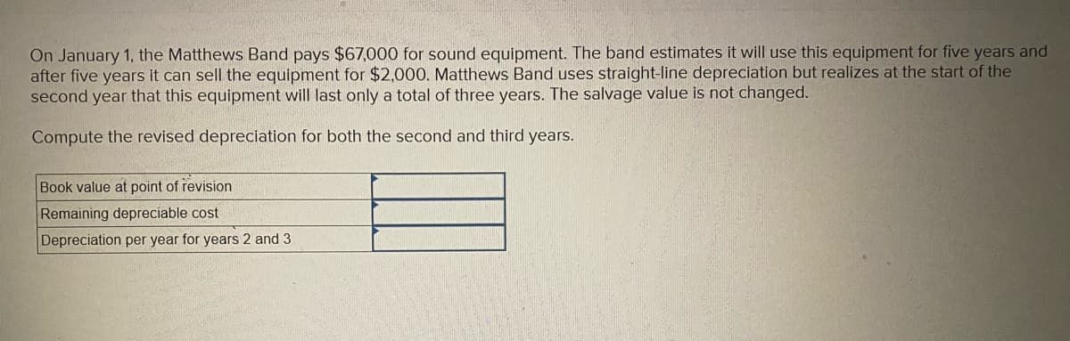 On January 1, the Matthews Band pays $67,000 for sound equipment. The band estimates it will use this equipment for five years and
after five years it can sell the equipment for $2,000. Matthews Band uses straight-line depreciation but realizes at the start of the
second year that this equipment will last only a total of three years. The salvage value is not changed.
Compute the revised depreciation for both the second and third years.
Book value at point of revision
Remaining depreciable cost
Depreciation per year for years 2 and 3