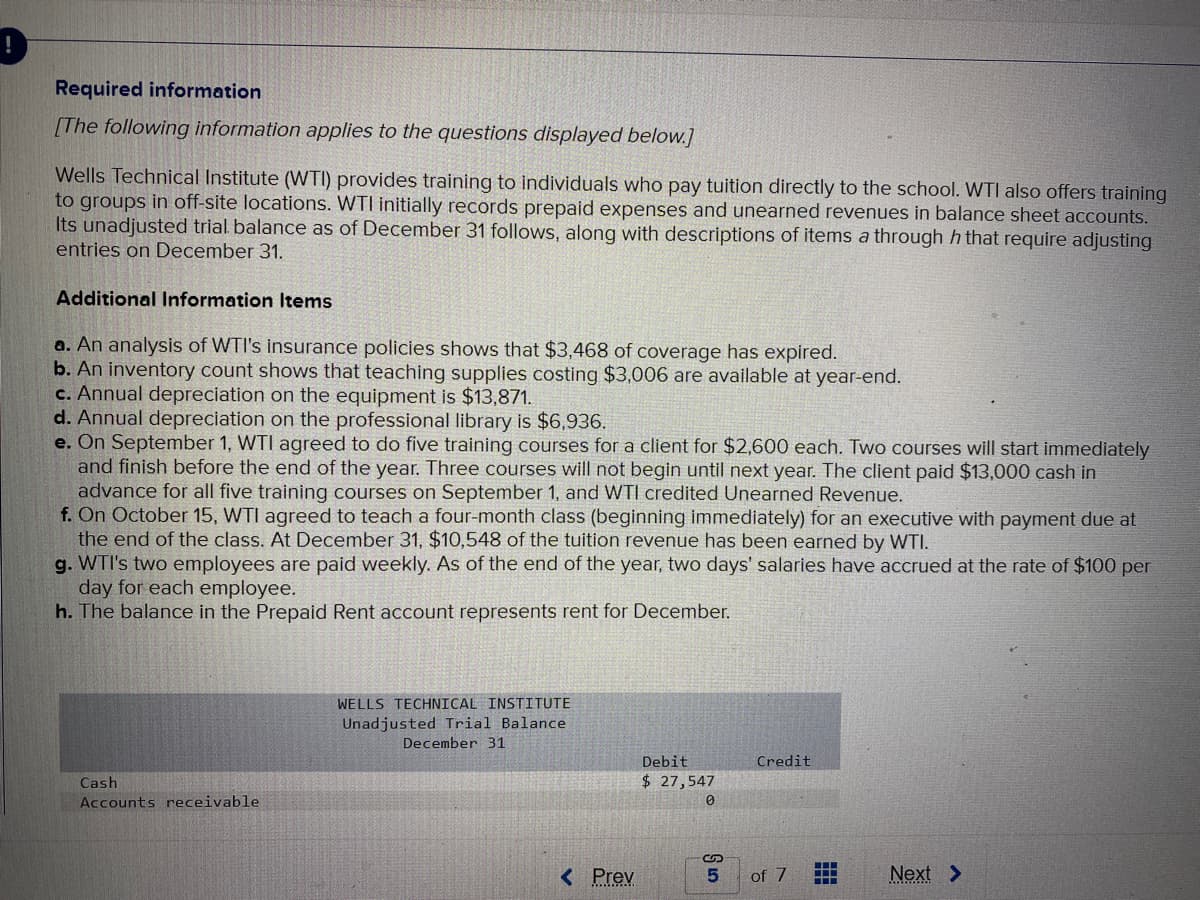 Required information
[The following information applies to the questions displayed below.]
Wells Technical Institute (WTI) provides training to individuals who pay tuition directly to the school. WTI also offers training
to groups in off-site locations. WTI initially records prepaid expenses and unearned revenues in balance sheet accounts.
Its unadjusted trial balance as of December 31 follows, along with descriptions of items a through h that require adjusting
entries on December 31.
Additional Information Items
a. An analysis of WTI's insurance policies shows that $3,468 of coverage has expired.
b. An inventory count shows that teaching supplies costing $3,006 are available at year-end.
c. Annual depreciation on the equipment is $13,871.
d. Annual depreciation on the professional library is $6,936.
e. On September 1, WTI agreed to do five training courses for a client for $2,600 each. Two courses will start immediately
and finish before the end of the year. Three courses will not begin until next year. The client paid $13,000 cash in
advance for all five training courses on September 1, and WTI credited Unearned Revenue.
f. On October 15, WTI agreed to teach a four-month class (beginning immediately) for an executive with payment due at
the end of the class. At December 31, $10,548 of the tuition revenue has been earned by WTI.
g. WTI's two employees are paid weekly. As of the end of the year, two days' salaries have accrued at the rate of $100 per
day for each employee.
h. The balance in the Prepaid Rent account represents rent for December.
Cash
Accounts receivable
WELLS TECHNICAL INSTITUTE
Unadjusted Trial Balance
December 31
< Prev
Debit
$ 27,547
0
S
5
Credit
of 7
Next >