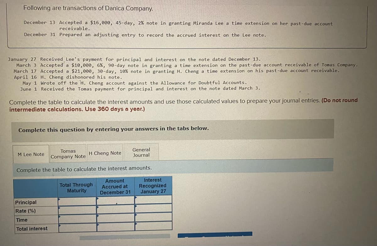 Following are transactions of Danica Company.
December 13 Accepted a $16,000, 45-day, 2% note in granting Miranda Lee a time extension on her past-due account
receivable.
December 31 Prepared an adjusting entry to record the accrued interest on the Lee note.
January 27 Received Lee's payment for principal and interest on the note dated December 13.
March 3 Accepted a $10,000, 6%, 90-day note in granting a time extension on the past-due account receivable of Tomas Company.
March 17 Accepted a $21,000, 30-day, 10 % note in granting H. Cheng a time extension on his past-due account receivable.
April 16 H. Cheng dishonored his note.
May 1 Wrote off the H. Cheng account
June 1 Received the Tomas payment for
Complete the table to calculate the interest amounts and use those calculated values to prepare your journal entries. (Do not round
intermediate calculations. Use 360 days a year.)
Complete this question by entering your answers in the tabs below.
Tomas
General
Journal
Company Note
Complete the table to calculate the interest amounts.
Amount
Accrued at
December 31
M Lee Note
against the Allowance for Doubtful Accounts.
principal and interest on the note dated March 3.
Principal
Rate (%)
Time
Total interest
H Cheng Note
Total Through
Maturity
Interest
Recognized
January 27