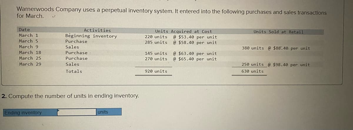 Warnerwoods Company uses a perpetual inventory system. It entered into the following purchases and sales transactions
for March.
Date
March 1
March 5
March 9
March 18
March 25
March 29
Activities
Beginning inventory
Purchase
Sales.
Purchase
Purchase
Sales
Totals
2. Compute the number of units in ending inventory.
Ending inventory
units
Units Acquired at Cost
@ $53.40 per unit
@ $58.40 per unit
220 units
285 units
145 units @ $63.40 per unit
270 units
@ $65.40 per unit
920 units
Units Sold at Retail
380 units @ $88.40 per unit
250 units @ $98.40 per unit
630 units